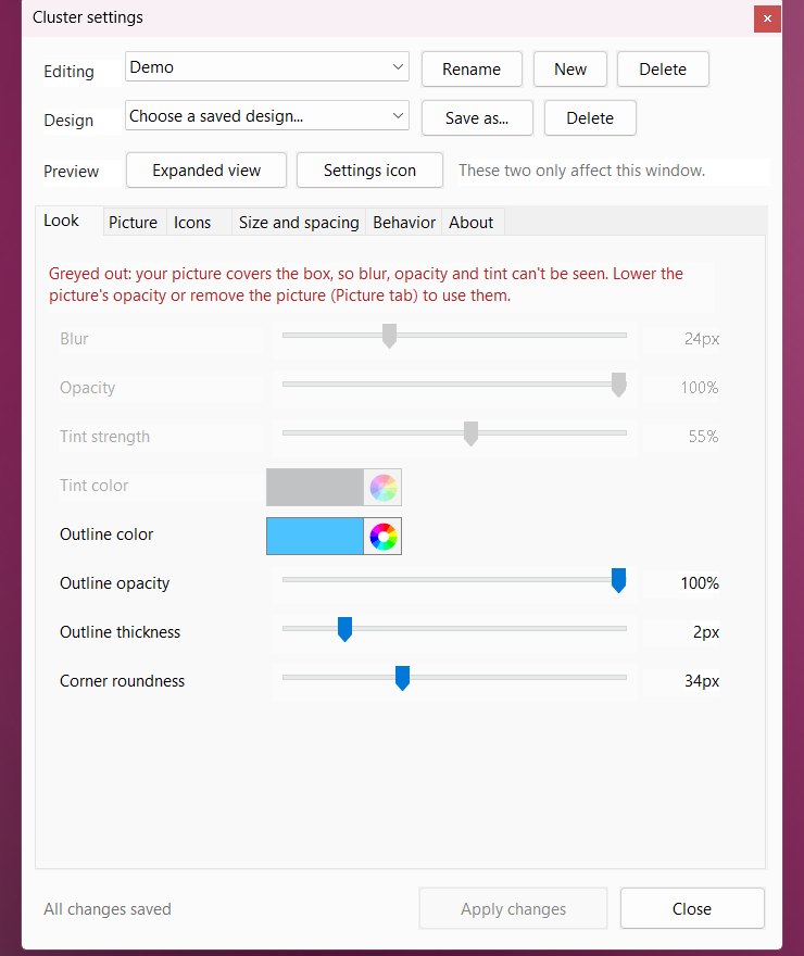The settings window